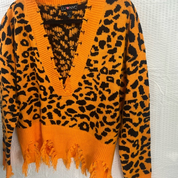 Cheetah Print Women's Fringe Drop Sleeve Crop Sweater Orange  Size L - Picture 6 of 13